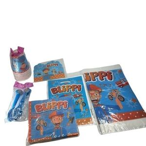 Blippi Party Decor Set:‎ Cups, Tablecloth, Napkins, Spoons, Invitations & Bags